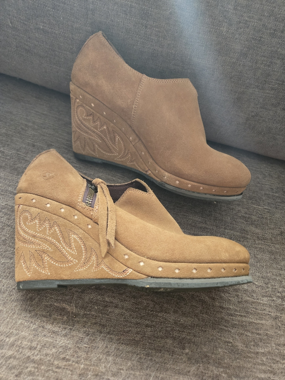 Ariat Tan Suede Wedge Ankle Booties with Tassel Zip - Picture 2 of 5